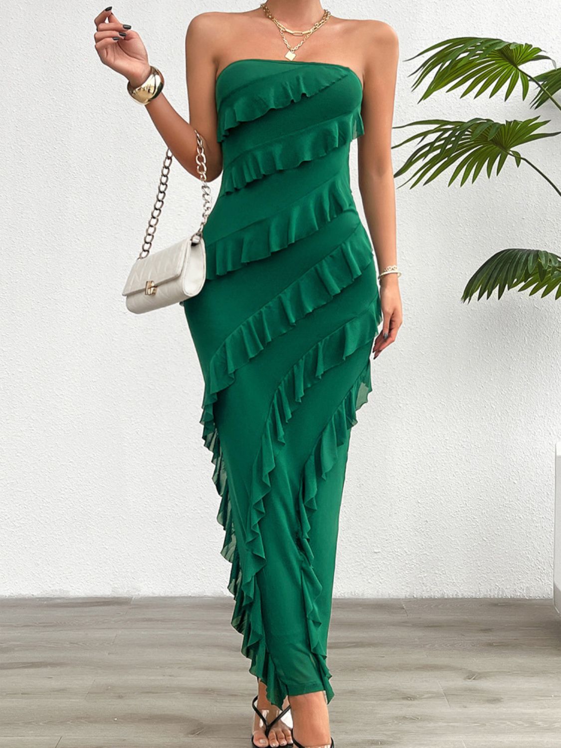 Devine Ruffled Slit Back Tube Maxi Dress.