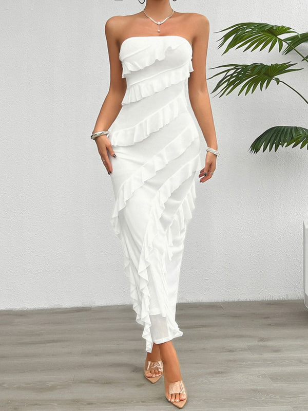 Devine Ruffled Slit Back Tube Maxi Dress.