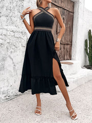 Devine Ruffled Slit Sleeveless Midi Dress.