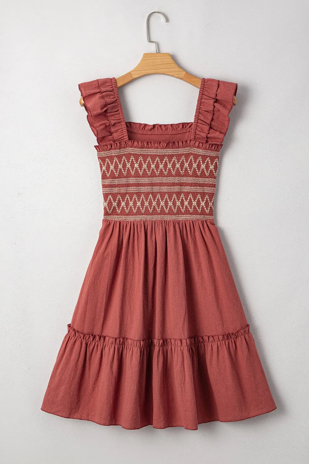 Ruffled Smocked Cap Sleeve Mini Dress.