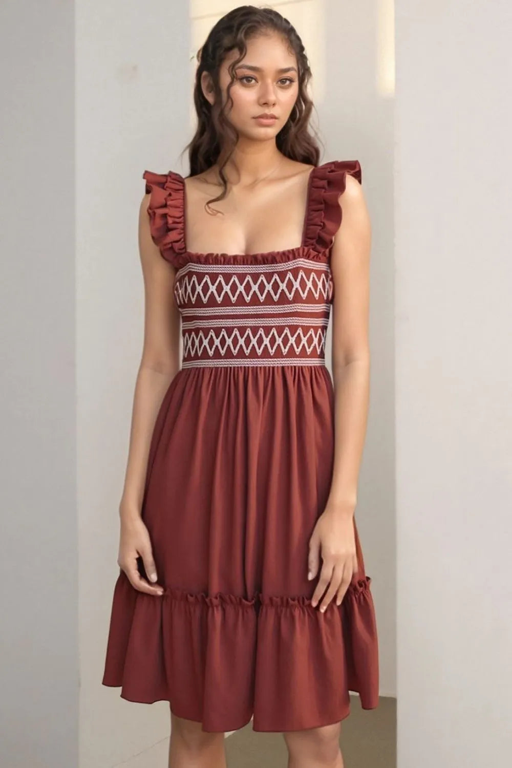 Ruffled Smocked Cap Sleeve Mini Dress.