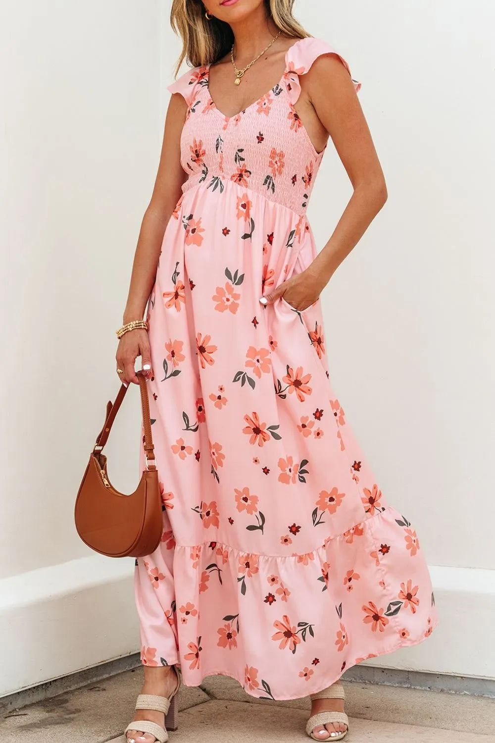 Ruffled Smocked Cap Sleeve Printed Maxi Dress.
