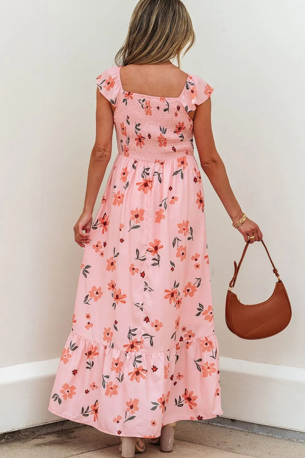 Ruffled Smocked Cap Sleeve Printed Maxi Dress.