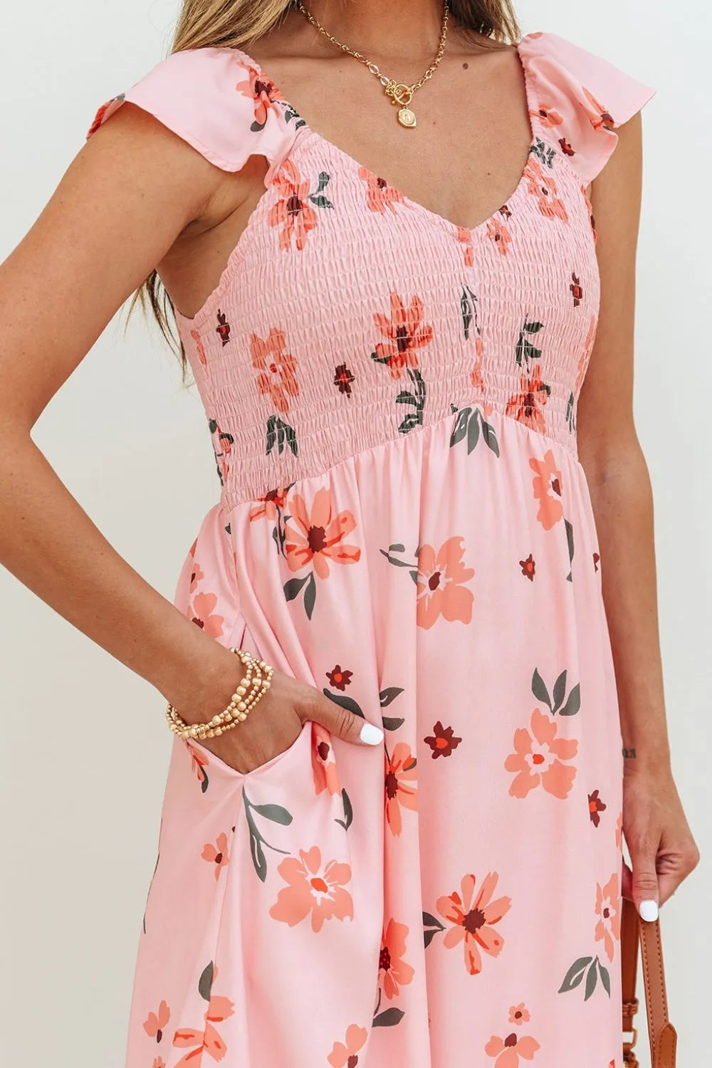 Ruffled Smocked Cap Sleeve Printed Maxi Dress.
