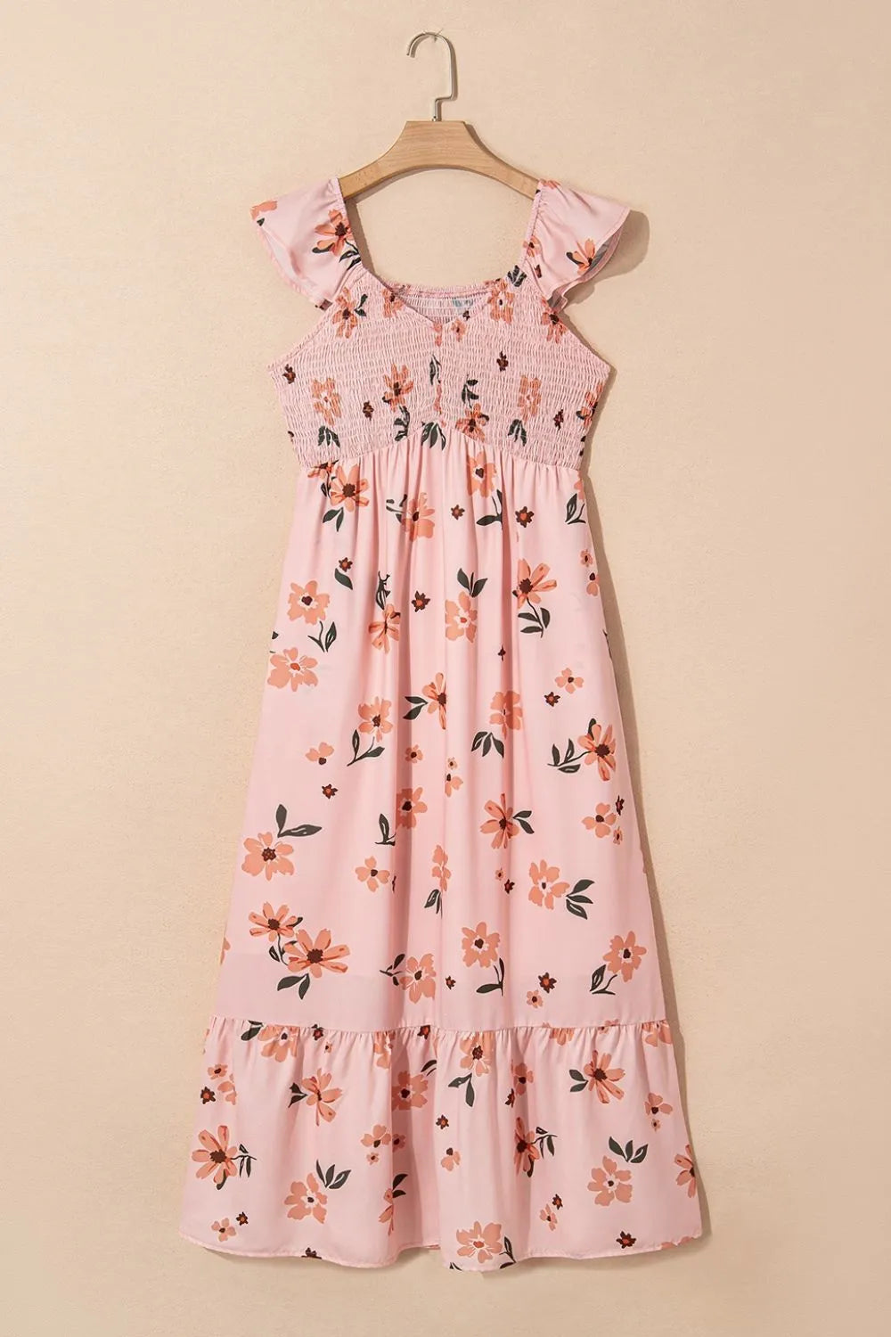 Ruffled Smocked Cap Sleeve Printed Maxi Dress.