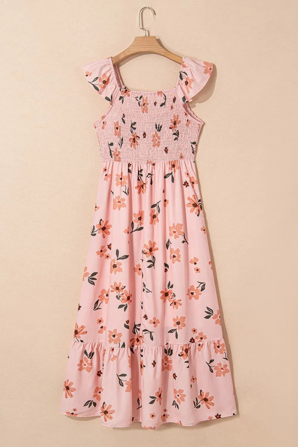 Ruffled Smocked Cap Sleeve Printed Maxi Dress.