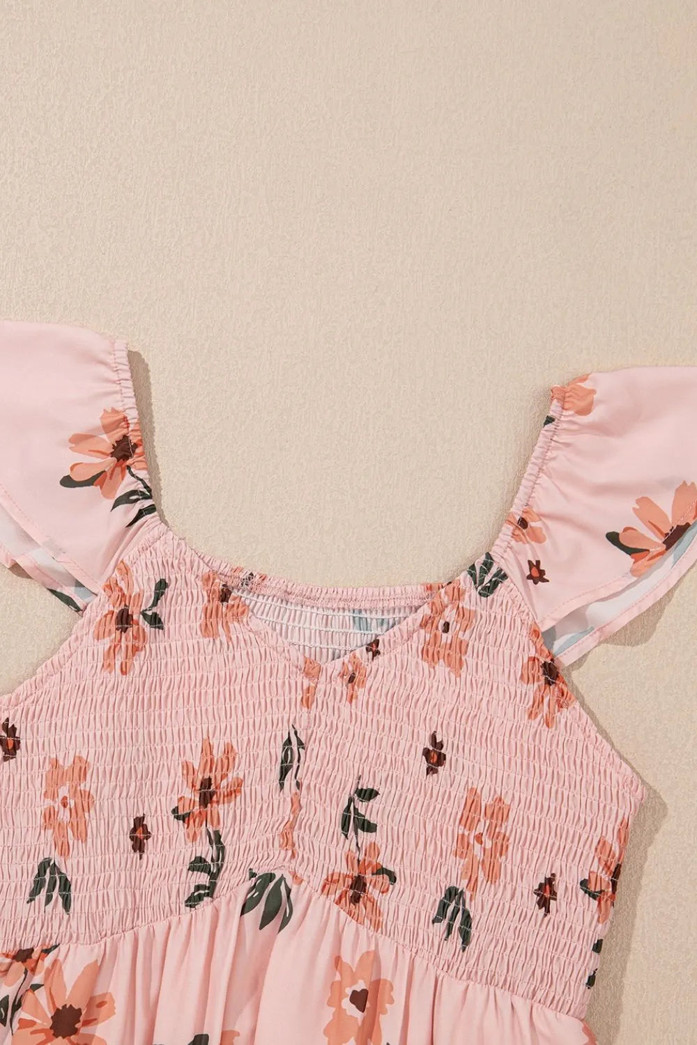 Ruffled Smocked Cap Sleeve Printed Maxi Dress.