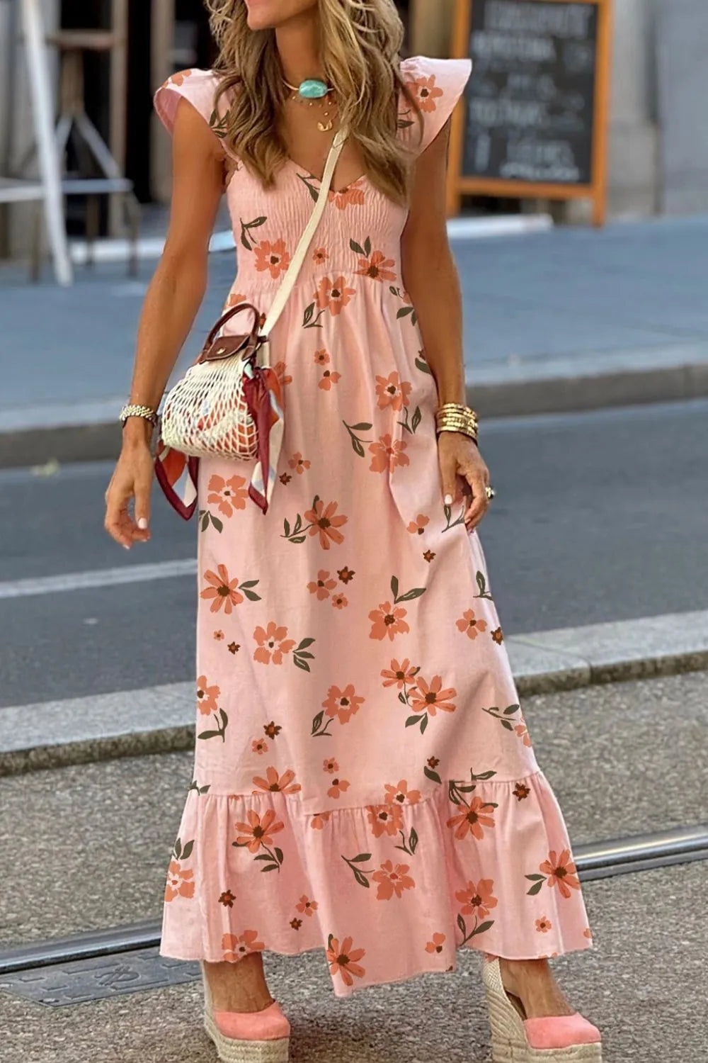 Ruffled Smocked Cap Sleeve Printed Maxi Dress.