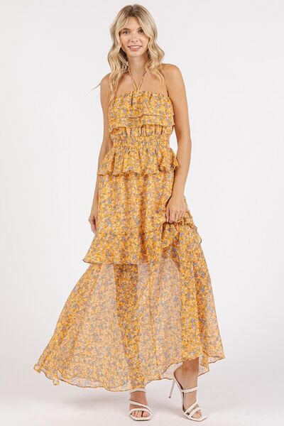 Mittoshop Ruffled Smocked Floral Halter Neck Maxi Dress.