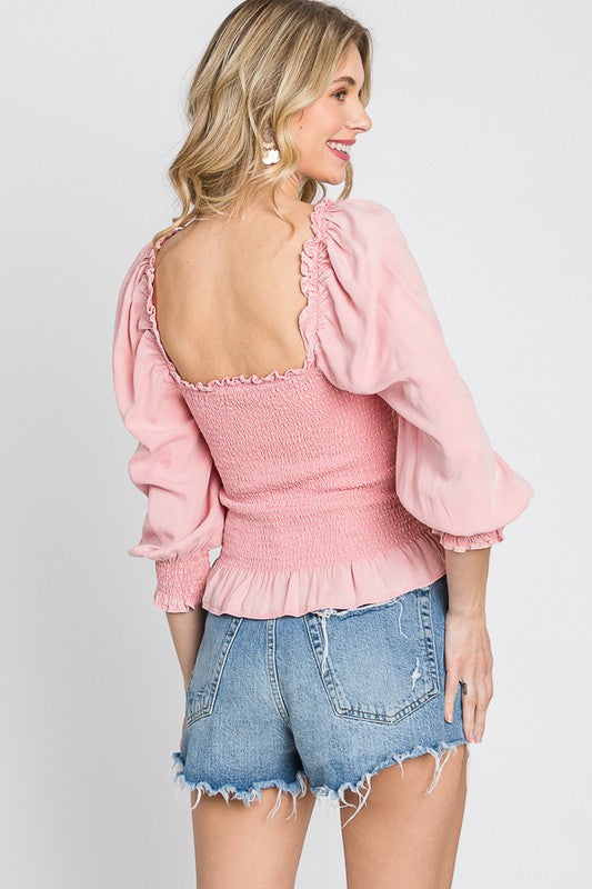 Geegee Full Size Ruffled Smocked Frill Square Neck Top, plus size.