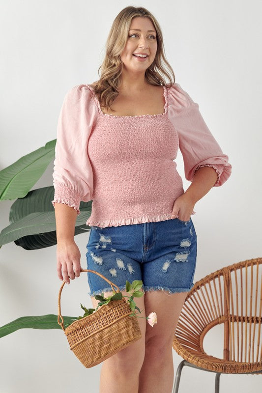 Geegee Full Size Ruffled Smocked Frill Square Neck Top, plus size.