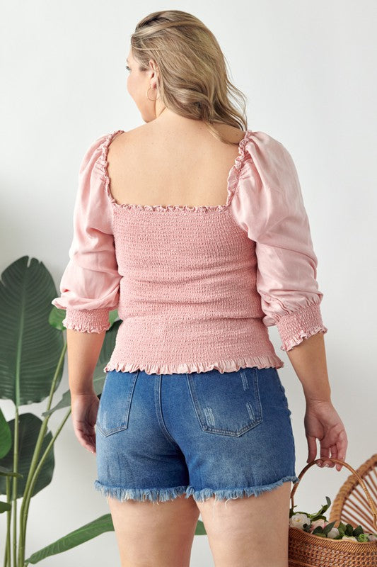 Geegee Full Size Ruffled Smocked Frill Square Neck Top, plus size.
