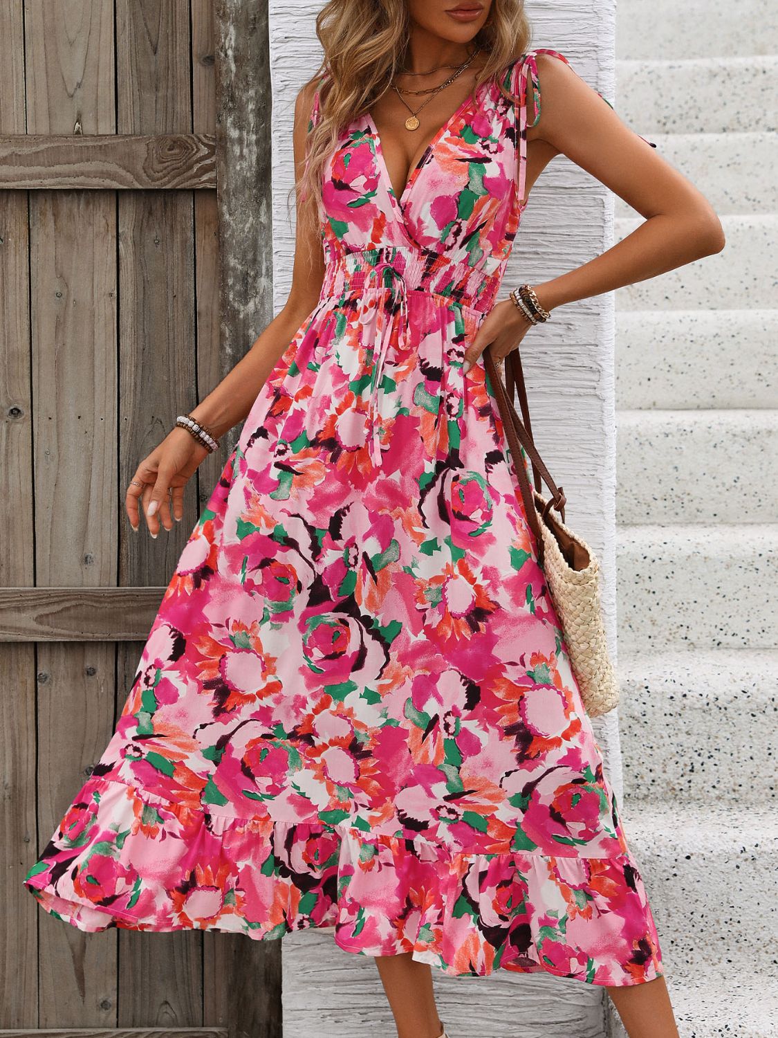 Perfee Ruffled Smocked Printed Sleeveless Dress.