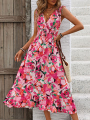 Perfee Ruffled Smocked Printed Sleeveless Dress.