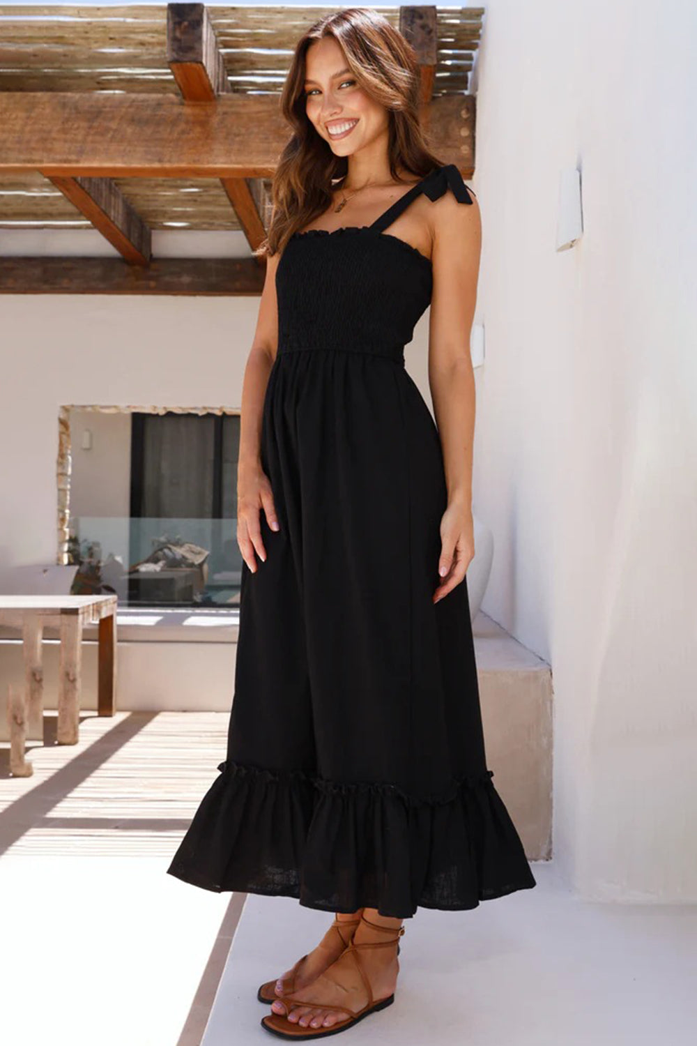 Ruffled Smocked Ruffle Hem Sleeveless Dress.