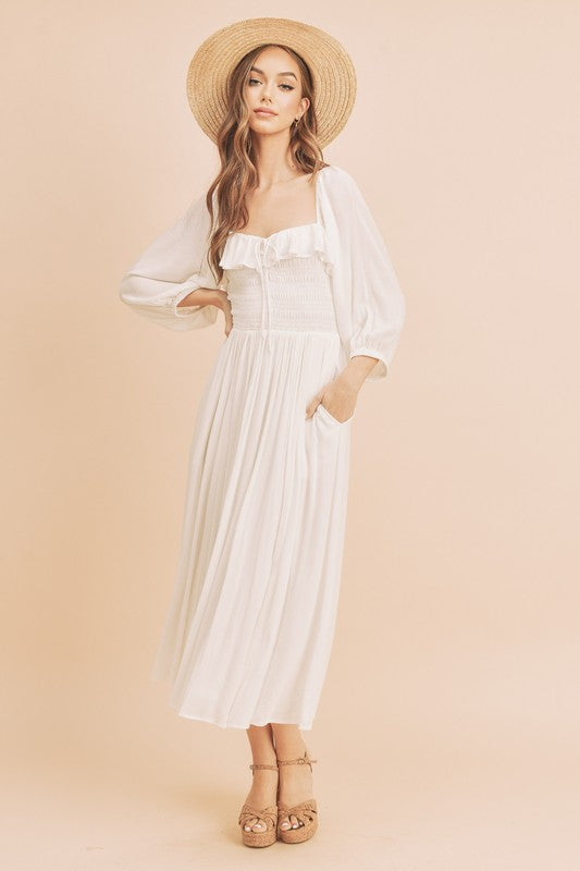 Aemi Co Ruffled Smocked Square Neck Balloon Sleeve Dress.