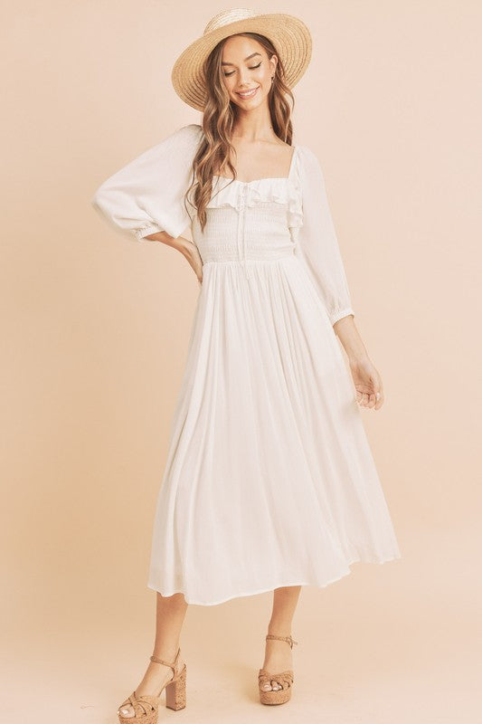 Aemi Co Ruffled Smocked Square Neck Balloon Sleeve Dress.