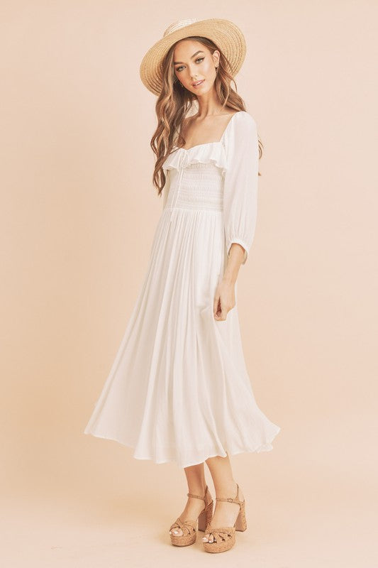 Aemi Co Ruffled Smocked Square Neck Balloon Sleeve Dress.