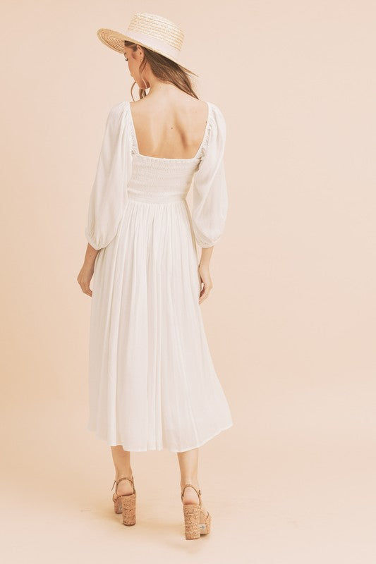 Aemi Co Ruffled Smocked Square Neck Balloon Sleeve Dress.