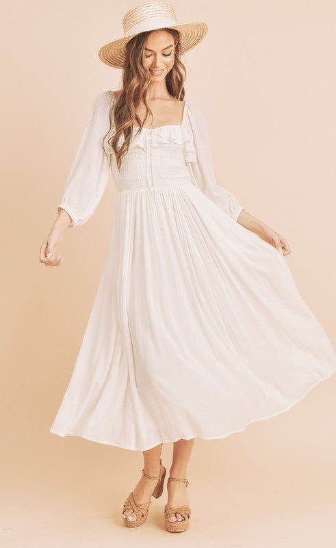 Aemi Co Ruffled Smocked Square Neck Balloon Sleeve Dress.