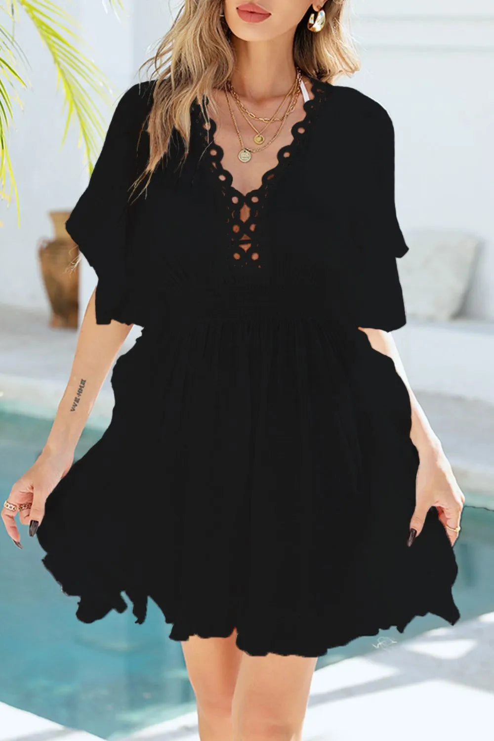 Ruffled Smocked Waist V-Neck Cover-Up with Cutout.