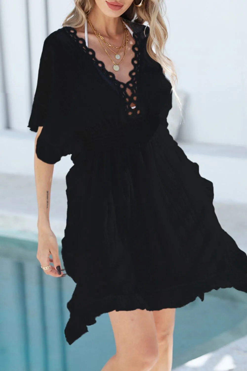 Ruffled Smocked Waist V-Neck Cover-Up with Cutout.