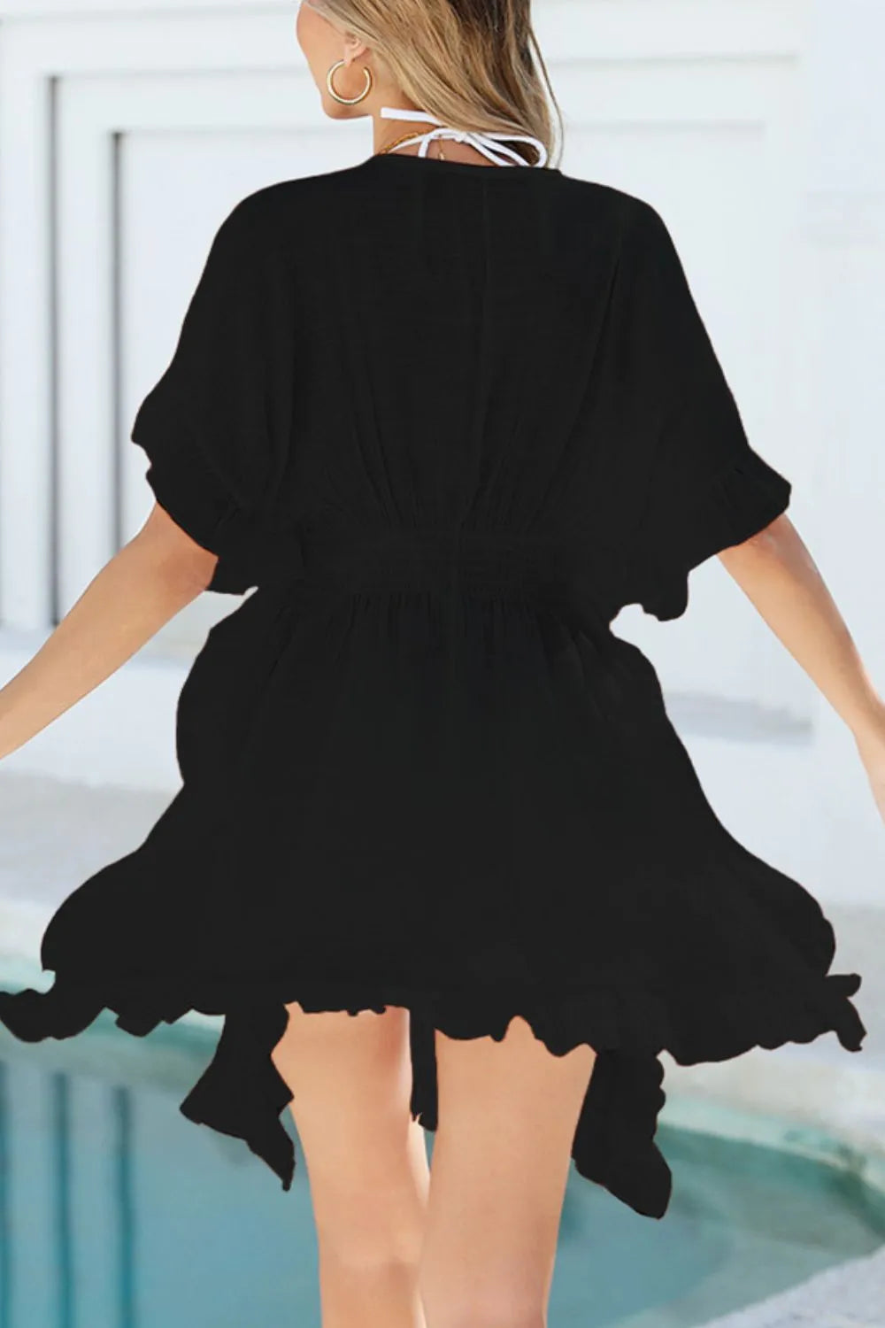 Ruffled Smocked Waist V-Neck Cover-Up with Cutout.
