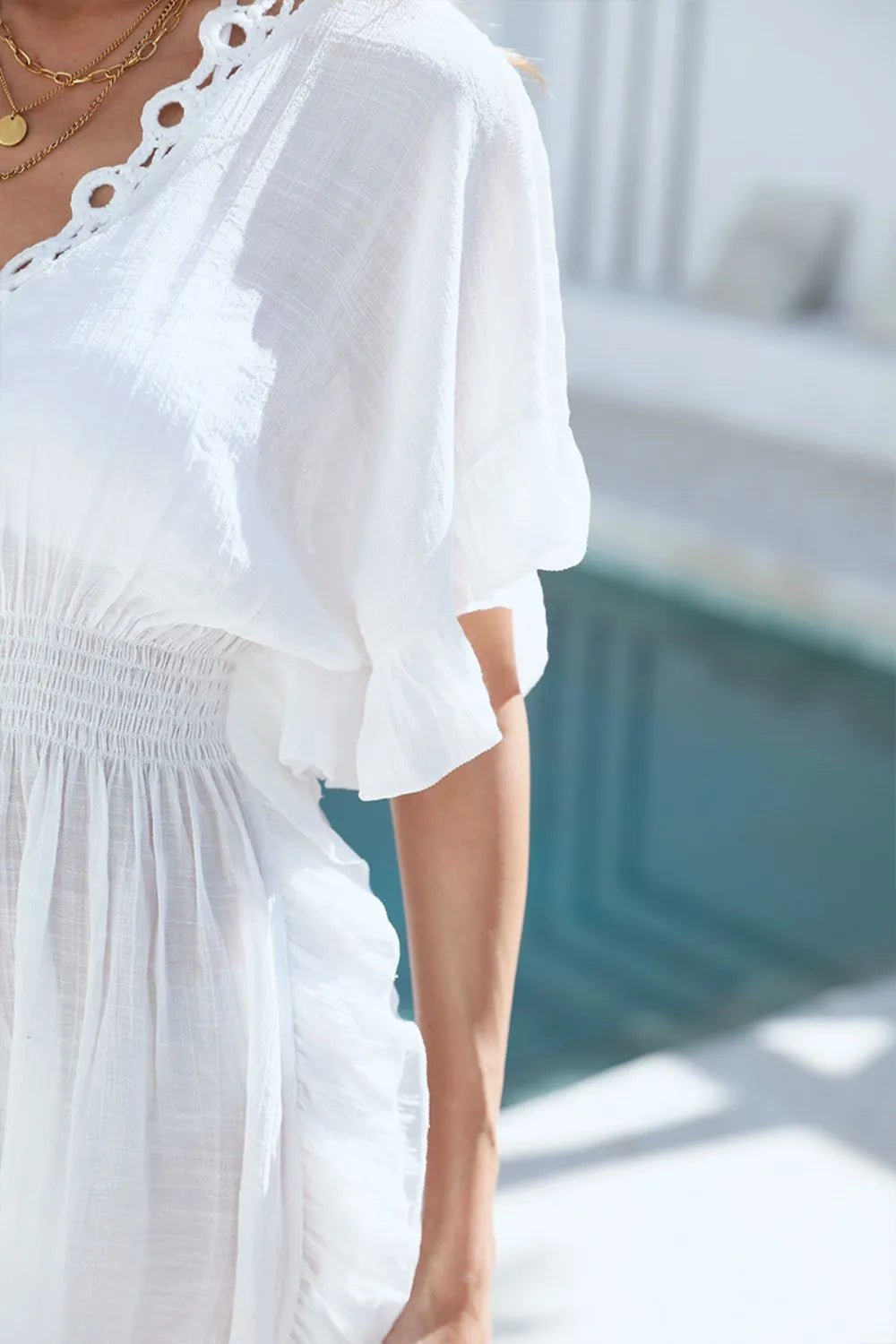 Ruffled Smocked Waist V-Neck Cover-Up with Cutout.