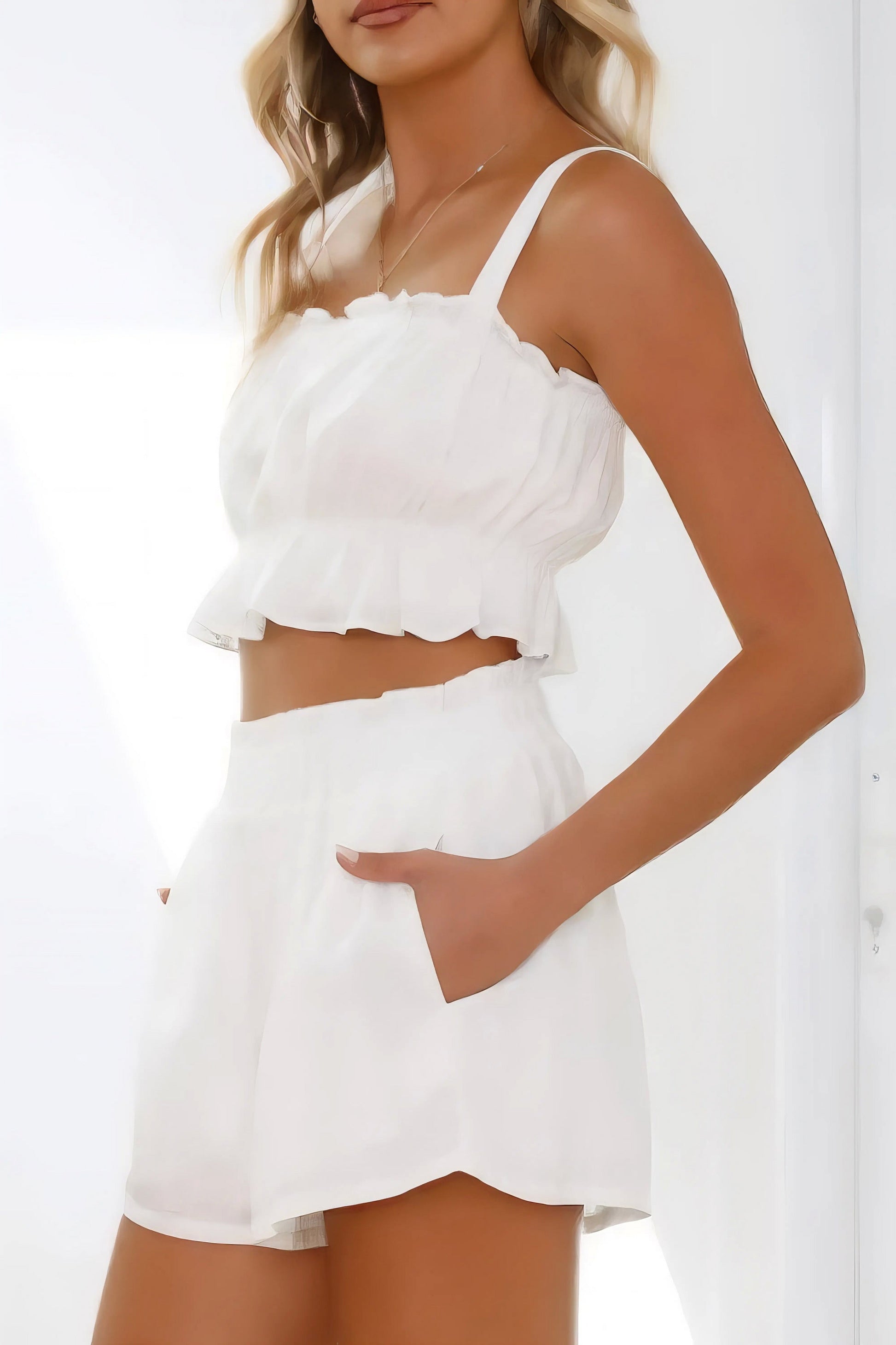 ruffled square neck cami and shorts set, sweet women's two-piece outfit, breezy summer fashion, charming ruffled detail, comfortable camisole, stylish shorts, ideal for warm weather