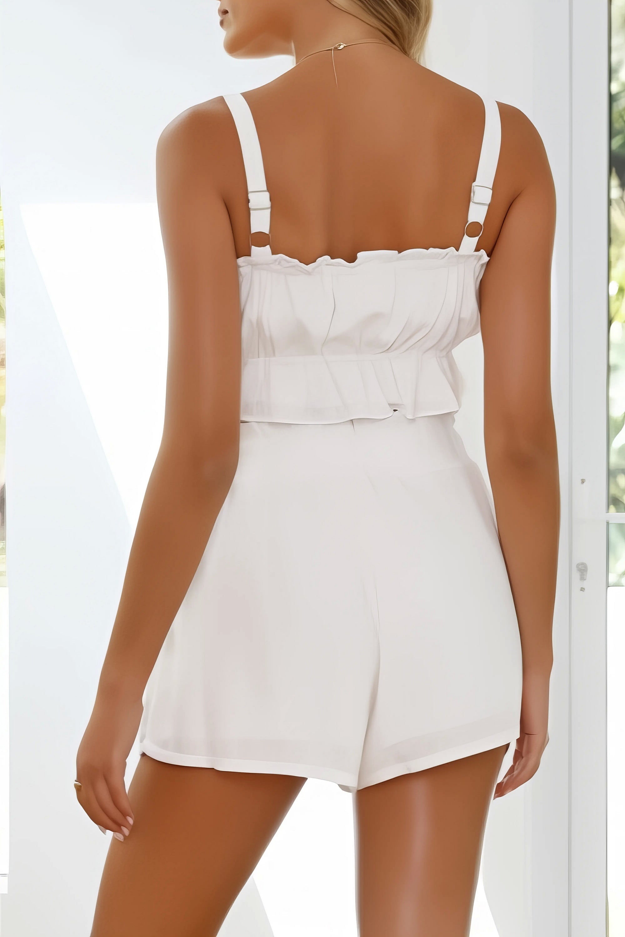ruffled square neck cami and shorts set, sweet women's two-piece outfit, breezy summer fashion, charming ruffled detail, comfortable camisole, stylish shorts, ideal for warm weather