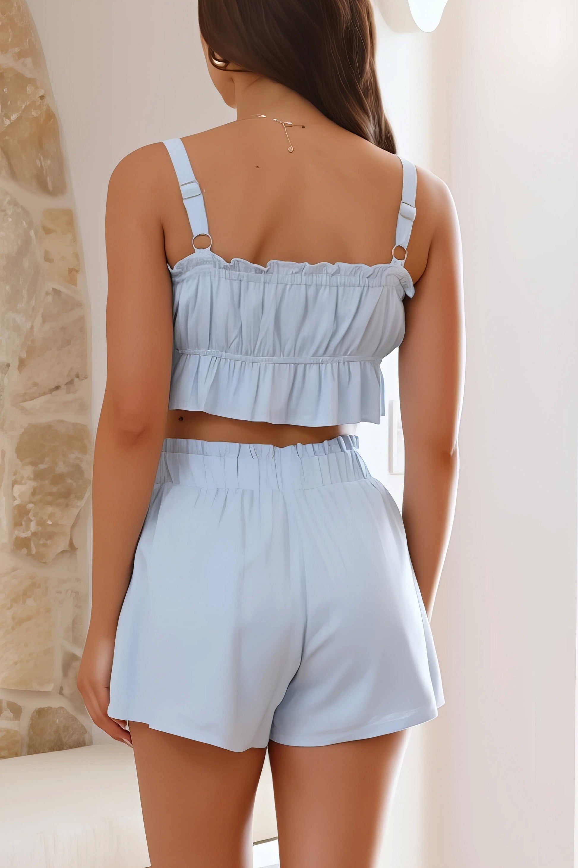 ruffled square neck cami and shorts set, sweet women's two-piece outfit, breezy summer fashion, charming ruffled detail, comfortable camisole, stylish shorts, ideal for warm weather