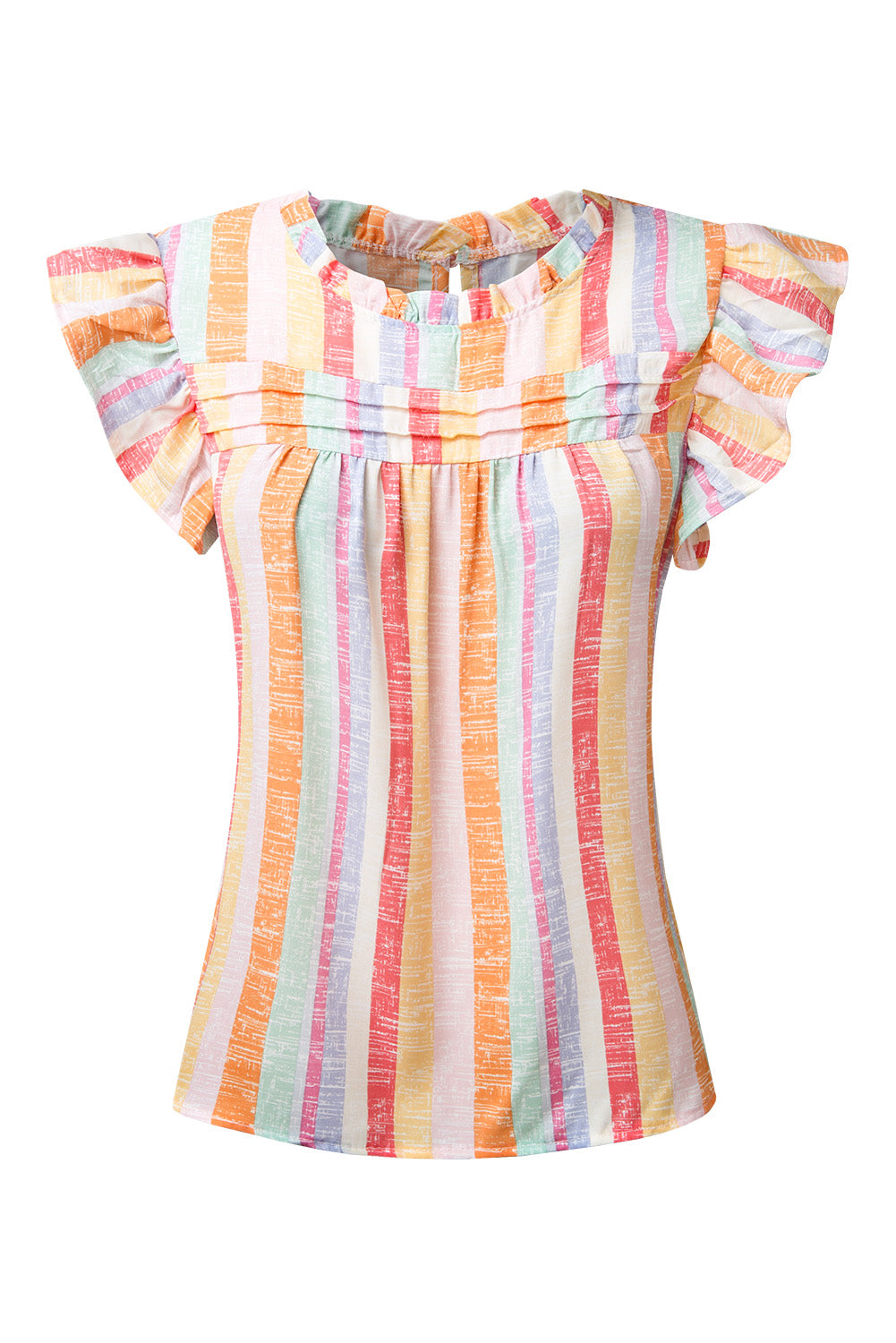 Ruffled Striped Round Neck Cap Sleeve Blouse.