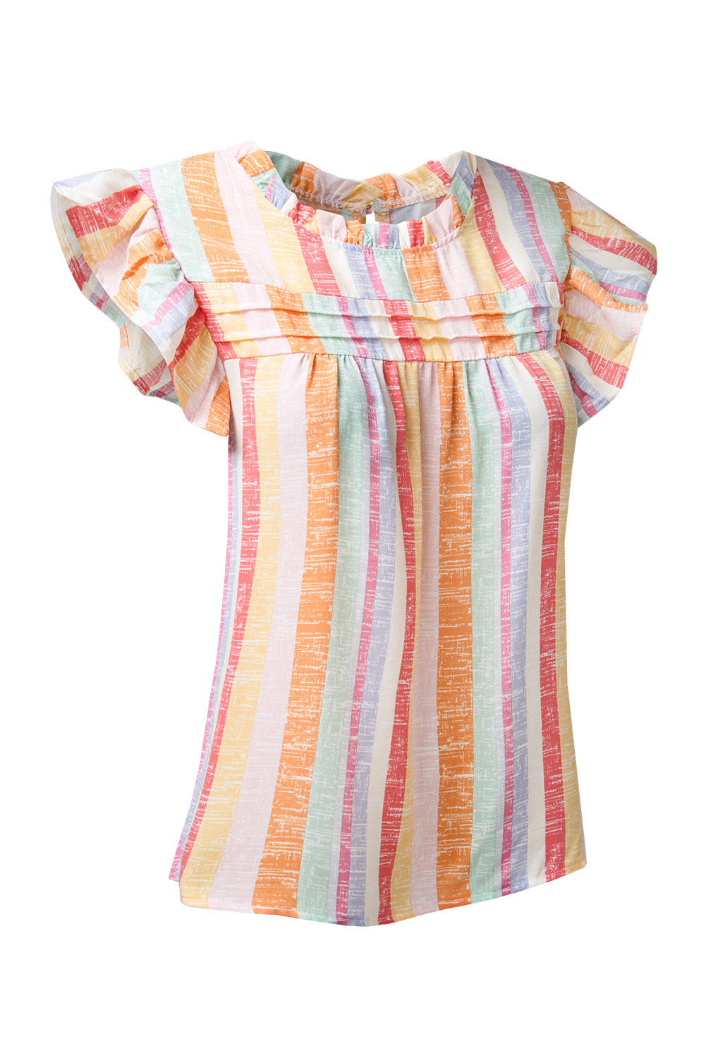 Ruffled Striped Round Neck Cap Sleeve Blouse.