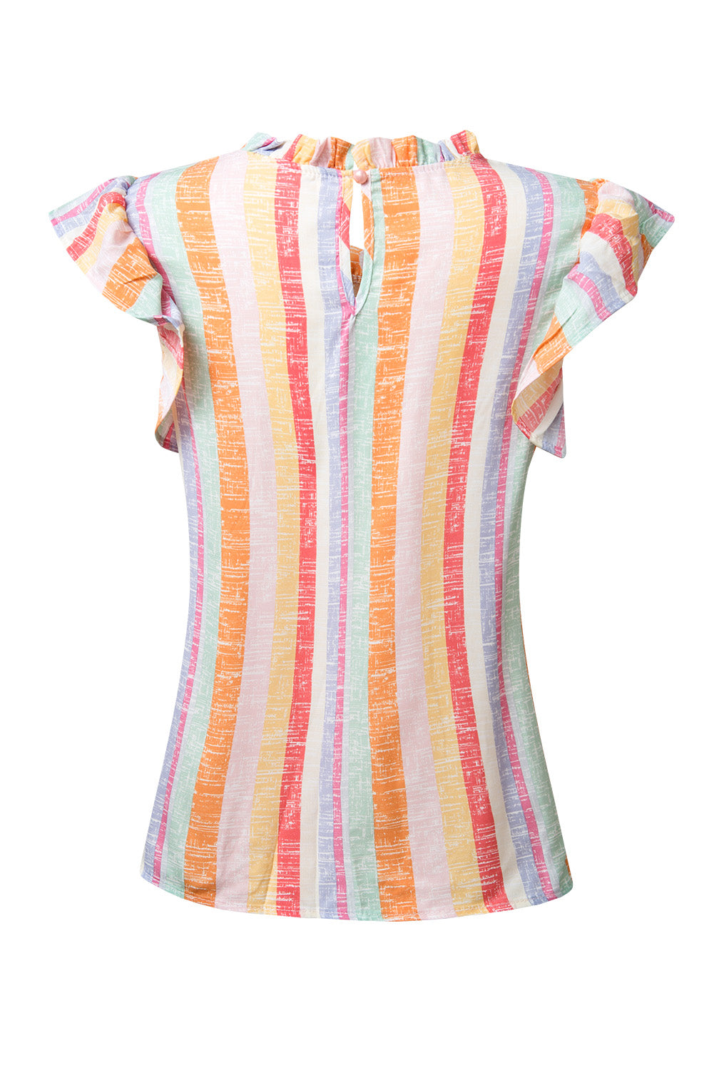 Ruffled Striped Round Neck Cap Sleeve Blouse.