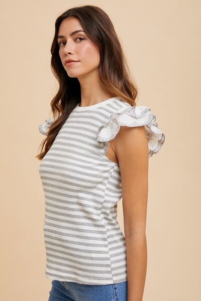 Annie Wear Ruffled Striped Round Neck Cap Sleeve Knit Top.