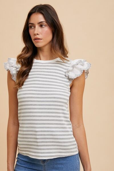 Annie Wear Ruffled Striped Round Neck Cap Sleeve Knit Top.