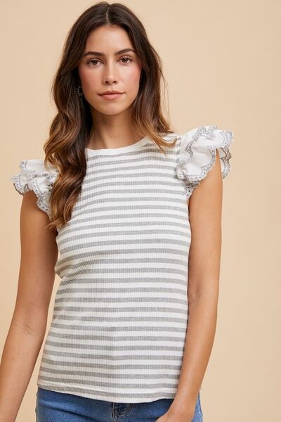 Annie Wear Ruffled Striped Round Neck Cap Sleeve Knit Top.