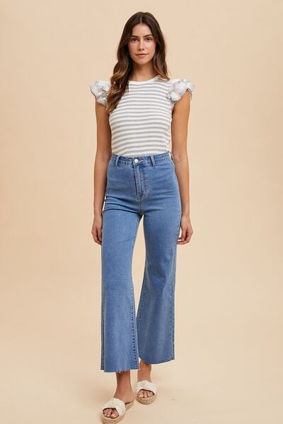 Annie Wear Ruffled Striped Round Neck Cap Sleeve Knit Top.