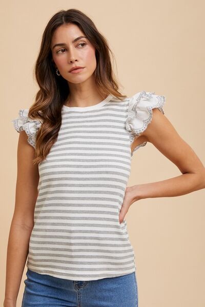 Annie Wear Ruffled Striped Round Neck Cap Sleeve Knit Top.