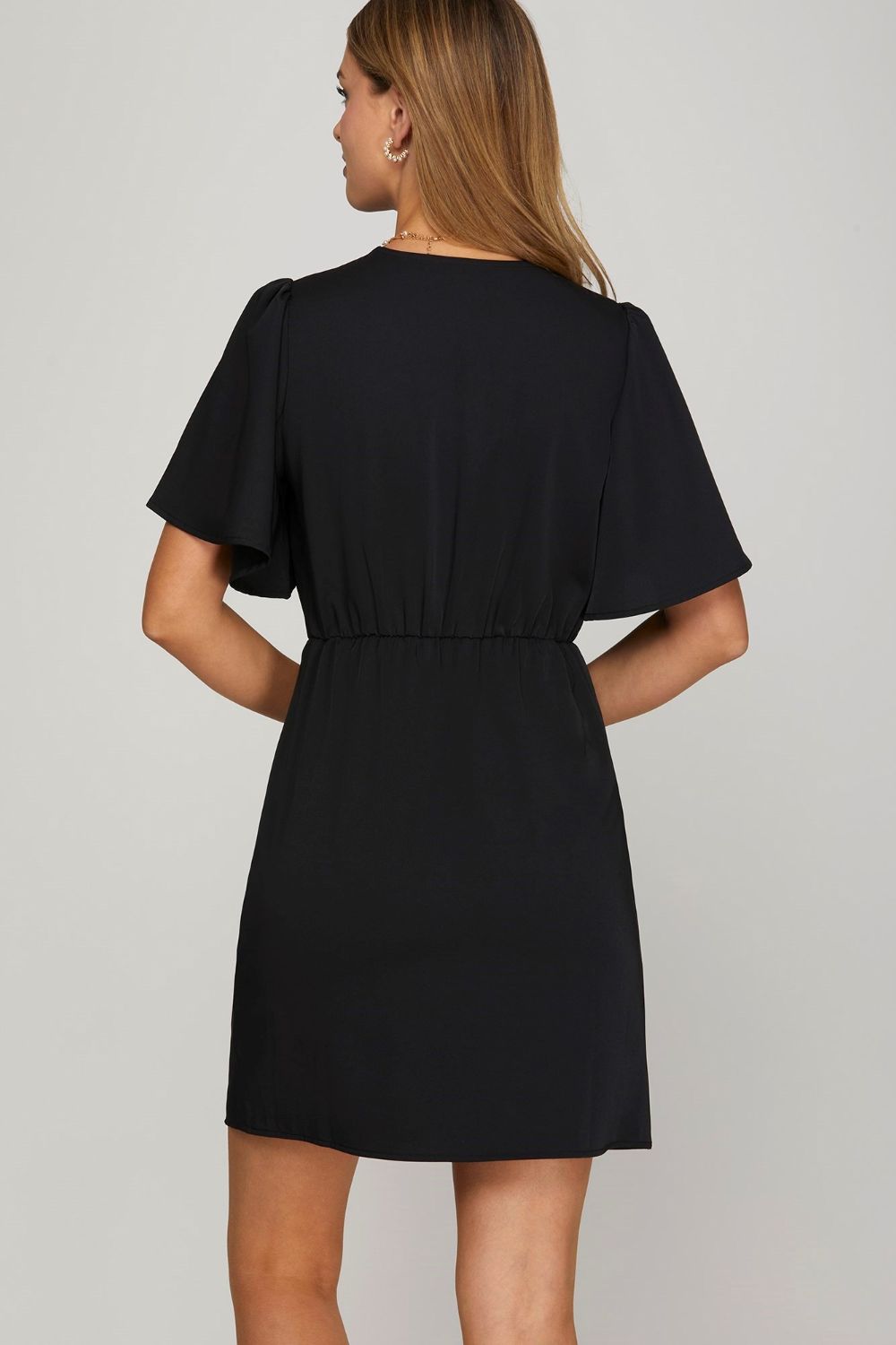 She Sky Ruffled Surplice Short Flutter Sleeve Mini Dress.