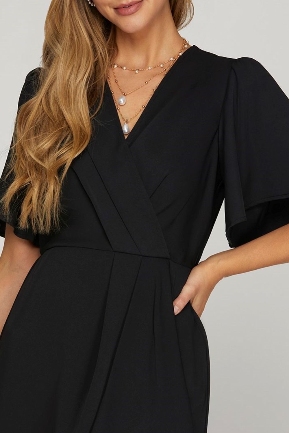 She Sky Ruffled Surplice Short Flutter Sleeve Mini Dress.