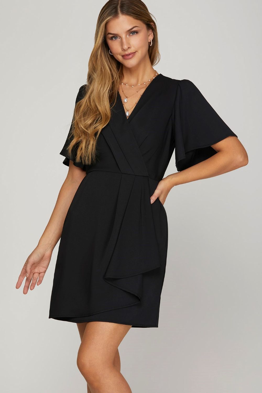 She Sky Ruffled Surplice Short Flutter Sleeve Mini Dress.