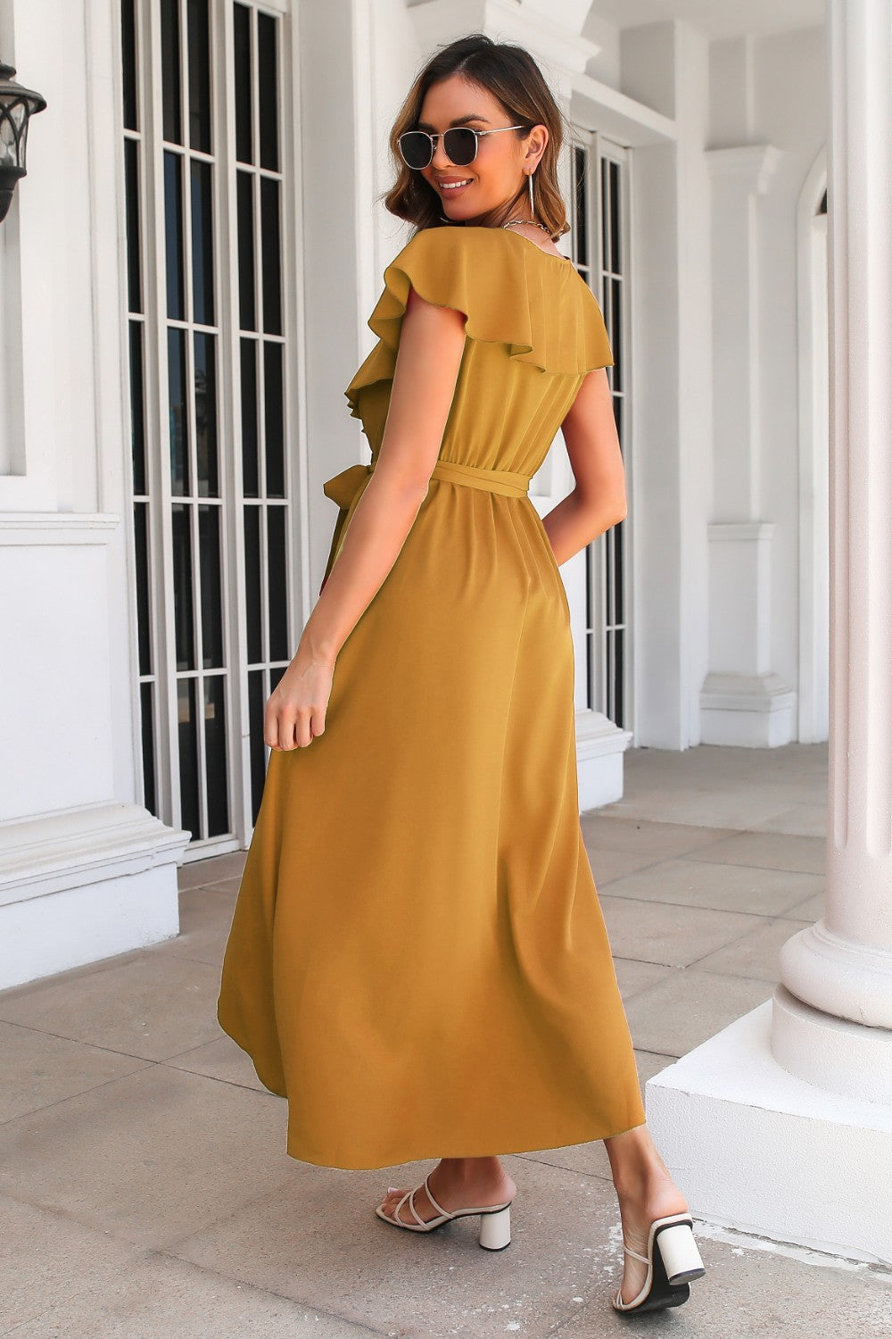Ruffled Surplice Tie Waist Slit Midi Dress.