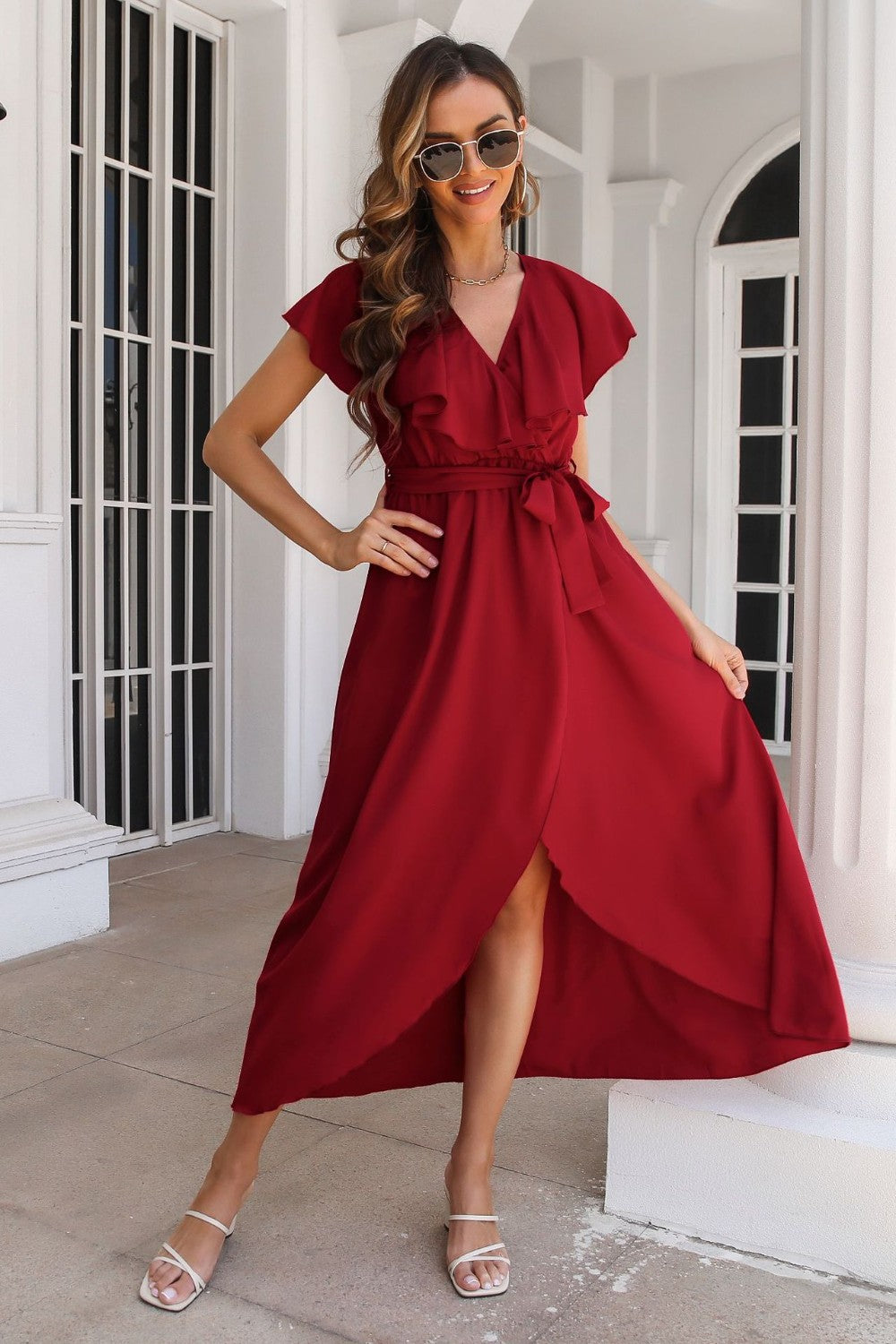 Ruffled Surplice Tie Waist Slit Midi Dress.