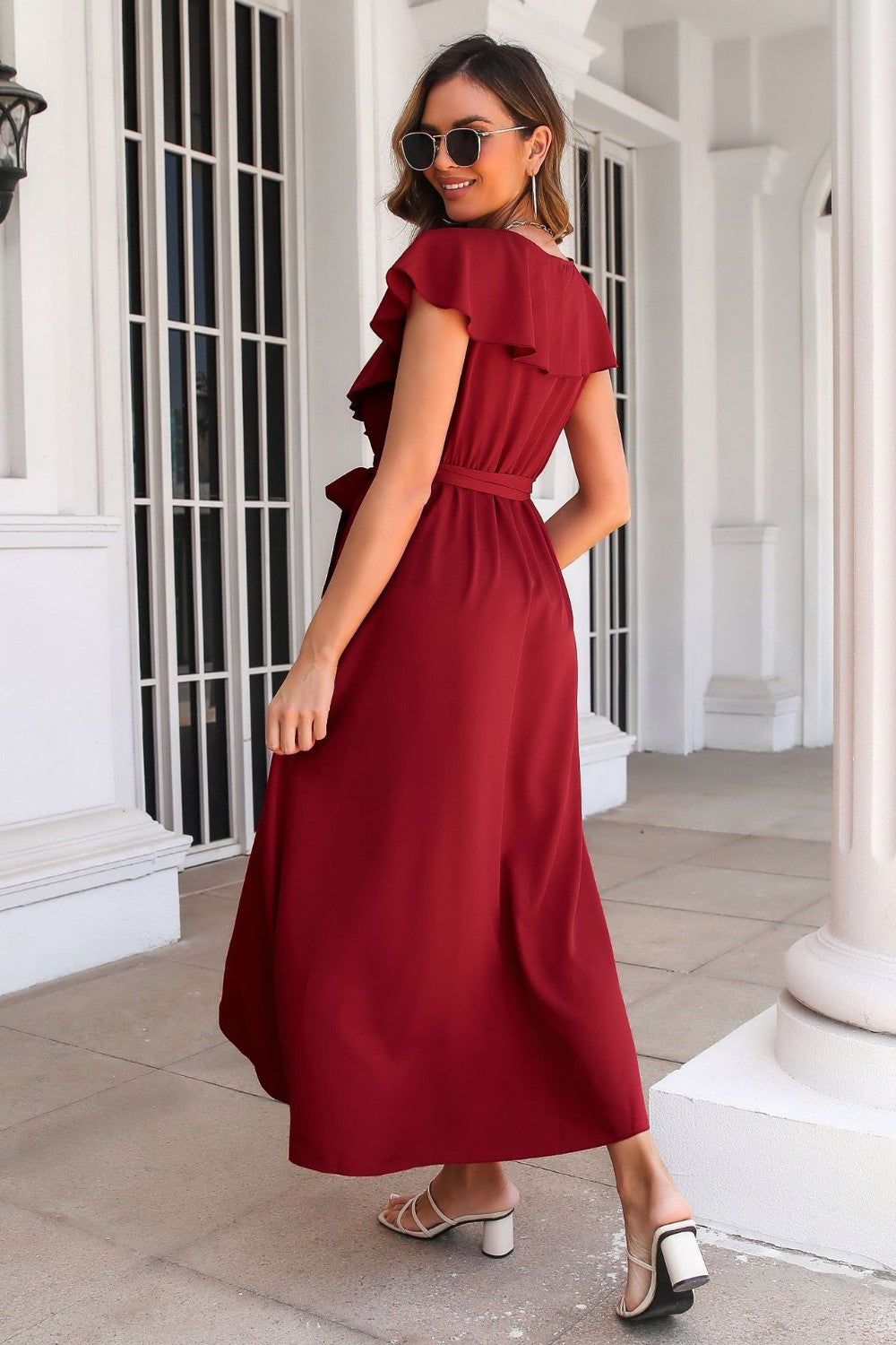 Ruffled Surplice Tie Waist Slit Midi Dress.