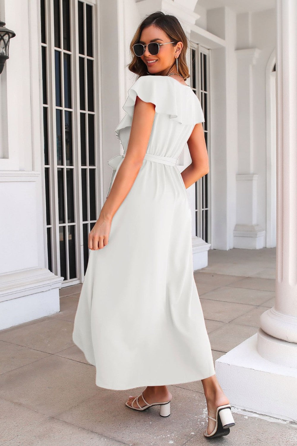 Ruffled Surplice Tie Waist Slit Midi Dress.