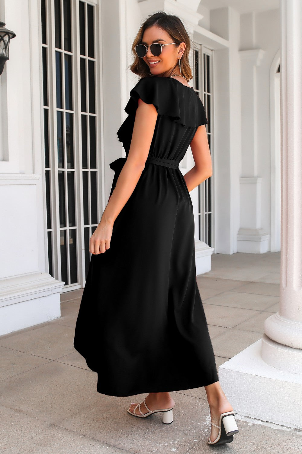 Ruffled Surplice Tie Waist Slit Midi Dress.