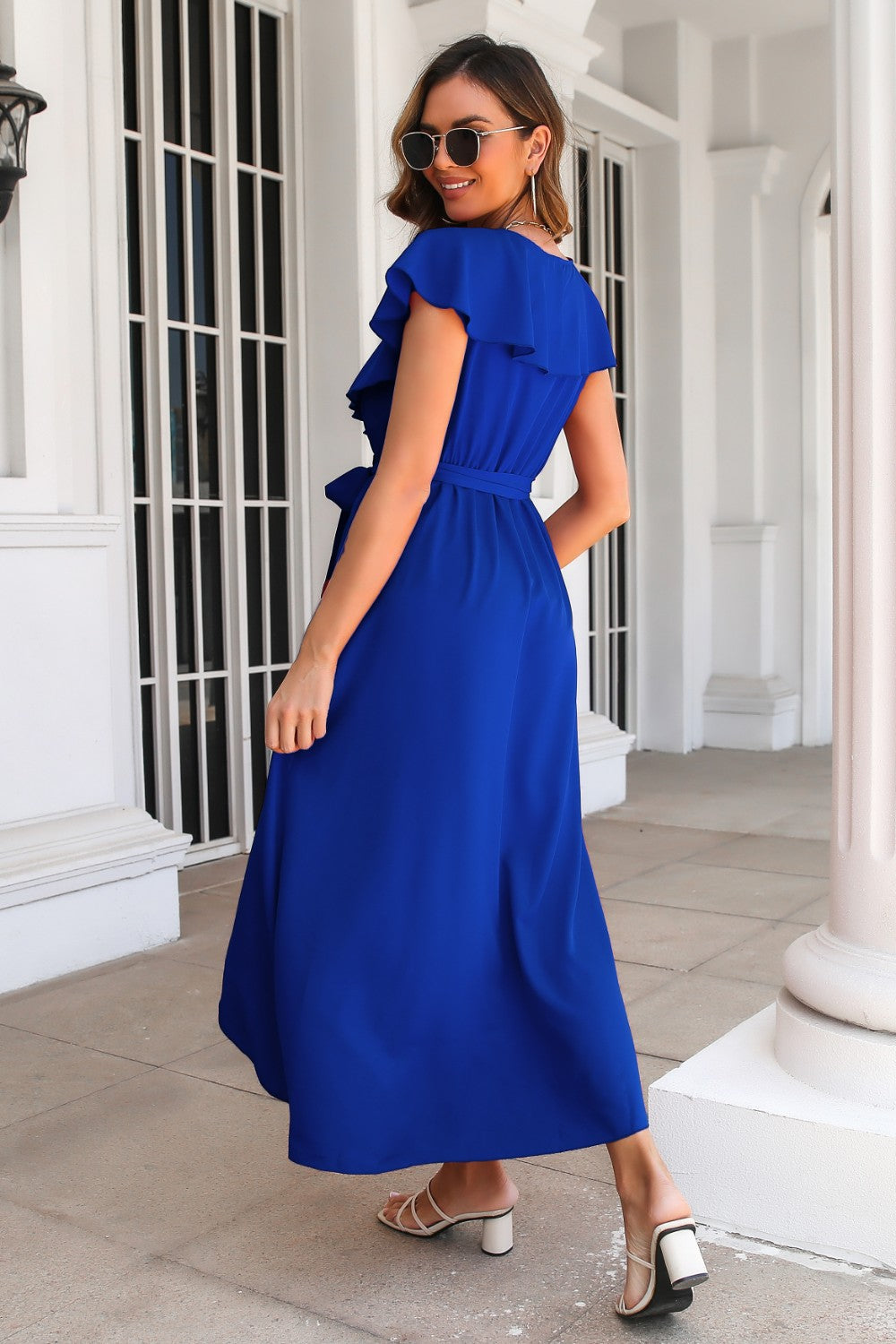 Ruffled Surplice Tie Waist Slit Midi Dress.