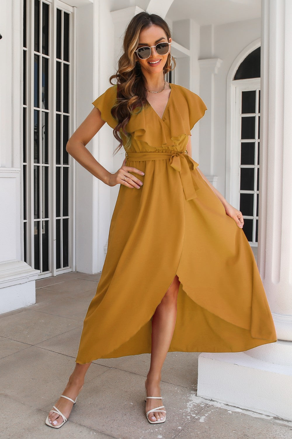 Ruffled Surplice Tie Waist Slit Midi Dress.