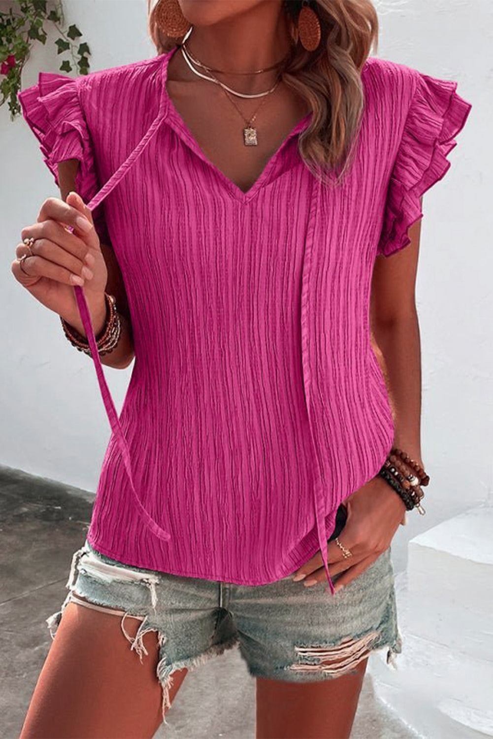 Ruffled Tie Neck Cap Sleeve Blouse with Tied.